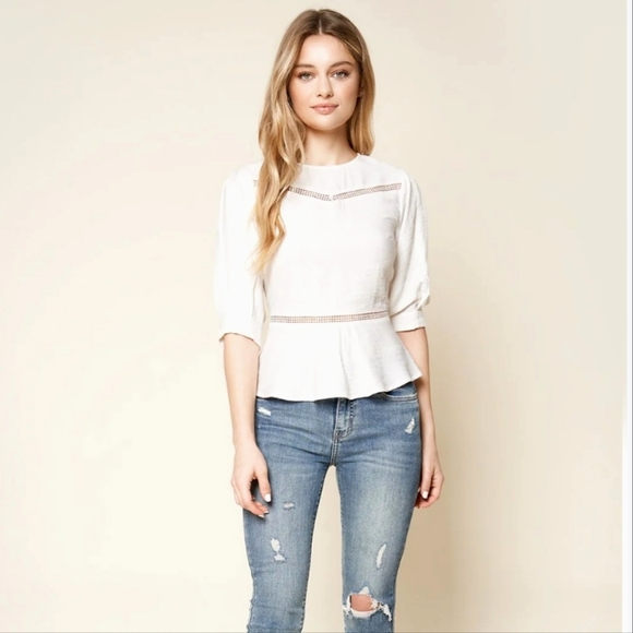 NWT Sugar + Lips Crochet Trim Puff sleeve white zip-up blouse top, size Large - Picture 1 of 11
